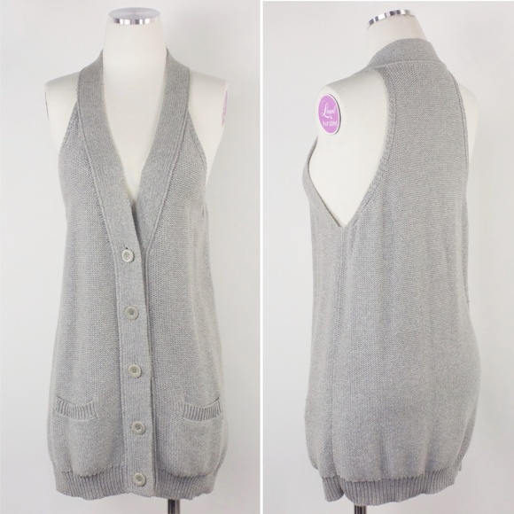Vince Jackets & Blazers - Vince Chunky Knit Long Vest Cotton Grey Pockets L